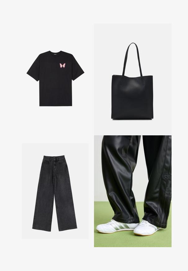 T-shirt en coton noir à manches courtes, avec un petit graphique de papillon rose sur la poitrine gauche. Modèle à col rond avec une coupe décontractée.; Jean en denim noir à jambes larges avec taille haute, design classique à cinq poches et décoloration subtile. Tissu résistant avec une texture douce.; Pantalons en simili cuir noir avec une coupe ample, présentant une texture lisse et des rayures latérales. Associés à des baskets blanches avec des accents argentés.; Sac fourre-tout en cuir noir avec une texture lisse, de forme rectangulaire et deux longues poignées. Pas de matériel ou d'ornementations visibles.