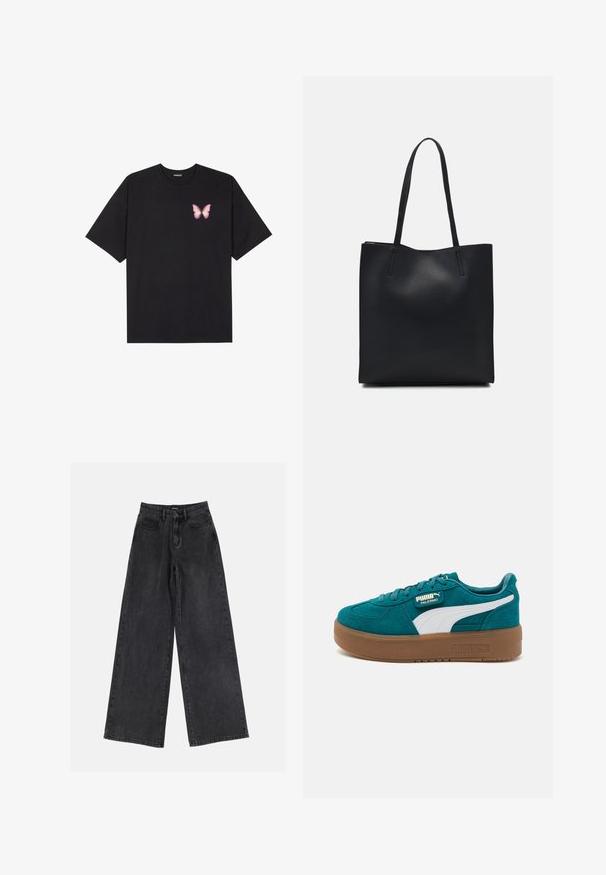 Fekete pamut póló rövid ujjakkal, bal mellkason egy kis rózsaszín pillangó grafikával. Kerek nyakú kialakítás, laza fazonnal.; Fekete, bő szárú farmernadrág magas derekkal, klasszikus öt zsebes kialakítással és enyhe kopással. Tartós anyag, sima textúrával.; Zöld színű velúr sportcipő fehér csíkkal és arany márkajelzéssel. Vastag barna gumitalppal és kerek orral rendelkezik. Fűzős záródás.; Fekete bőrtáska sima felszínnel, téglalap alakú, két hosszú füllel. Nincs látható fémkiegészítő vagy díszítés.