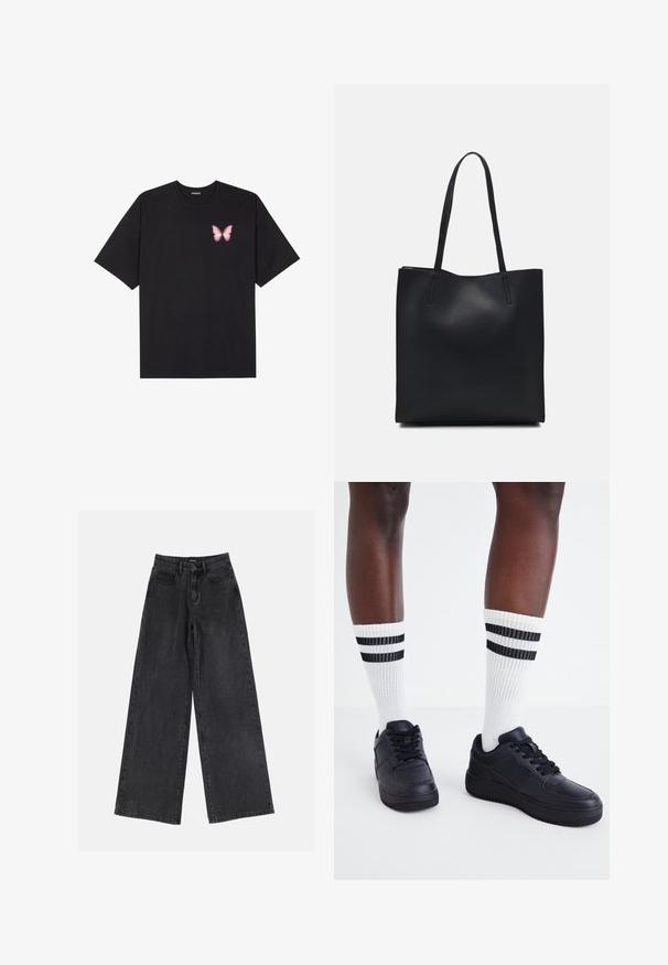 Melna kokvilnas T-krekls ar īsām piedurknēm, kuram priekšā kreisajā pusē ir neliels rozā tauriņa grafiskais attēls. Ar apaļu kaklu un brīvā stila piegriezumu.; Melni platajā kāja džinsi ar augstu jostu, klasisko piecu kabatu dizainu un vieglu izbalēšanu. Ilgtspējīgs audums ar gludu tekstūru.; Melnās ādas sporta kurpes ar teksturētu virsmu, savienotas ar baltām ribotām zeķēm, kurām augšpusē ir melnas svītras.; Melnas ādas somiņa ar gludu tekstūru, taisnstūra formu un divām garām rokturiem. Nav redzamu aparatūras vai rotājumu.