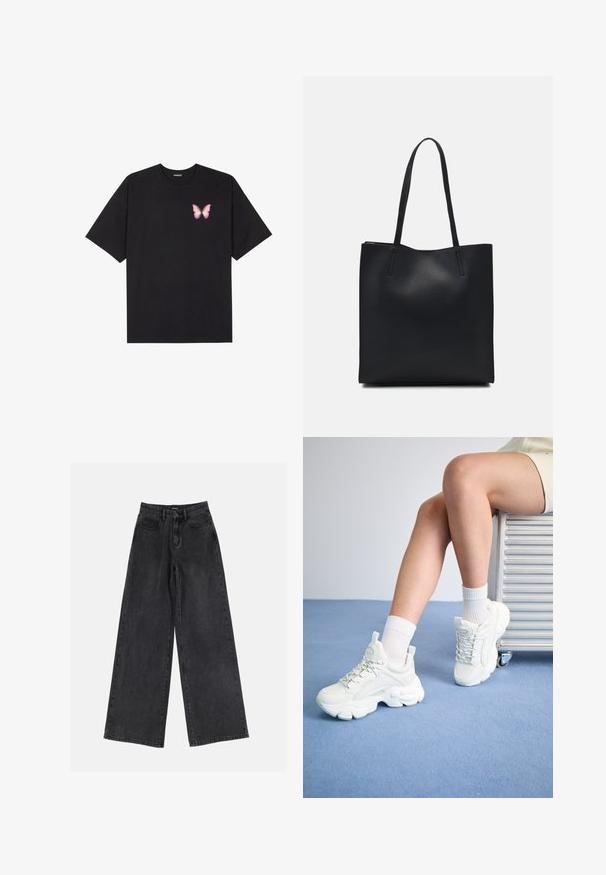 Must muströöpidega must puuvillane T-särk, vasakul rinnal on väike roosa liblikas. Ümar kaelus ja vabalt istuv lõige.; Mustad kõrge vöökoht ja laiad jäänud teksad, klassikaline viie tasku disain ja kerge kulumine. Vastupidav kangas, millel on sile tekstuur.; Valged nöörketsid paksu tallaga, mis on valmistatud siledast sünteetilisest materjalist, tekstuursete detailidega ja tagumise osa tõmbenööriga.; Mustast nahast kott sujuva tekstuuriga, ristkülikukujuline ja kahe pika sangaga. Pole nähtavat riistvara ega kaunistusi.