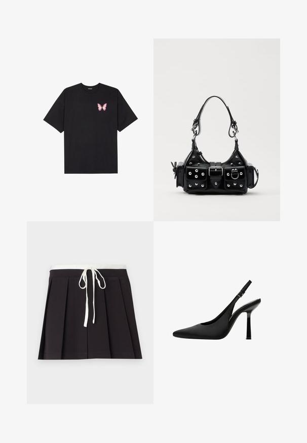 Černé bavlněné tričko s krátkým rukávem, na levém prsou s malou grafikou růžové motýlky. Design s kruhovým výstřihem a volným střihem.; Černá skládací sukně s bílým tkaným stahovacím pasem. Vyrobena z měkké látky, s hladkou texturou a jednoduchým, klasickým designem.; Černé saténové slingback lodičky s špičatou špičkou, elegantním designem a vysokým lesklým jehlovým podpatkem. Detail nastavitelného pásku na kotníku.; Černá kožená kabelka s křivkovým designem, zdobená stříbrnými hřebíky, s přezkou a dvěma bočními kapsami. Nastavitelný popruh pro různé možnosti nošení.