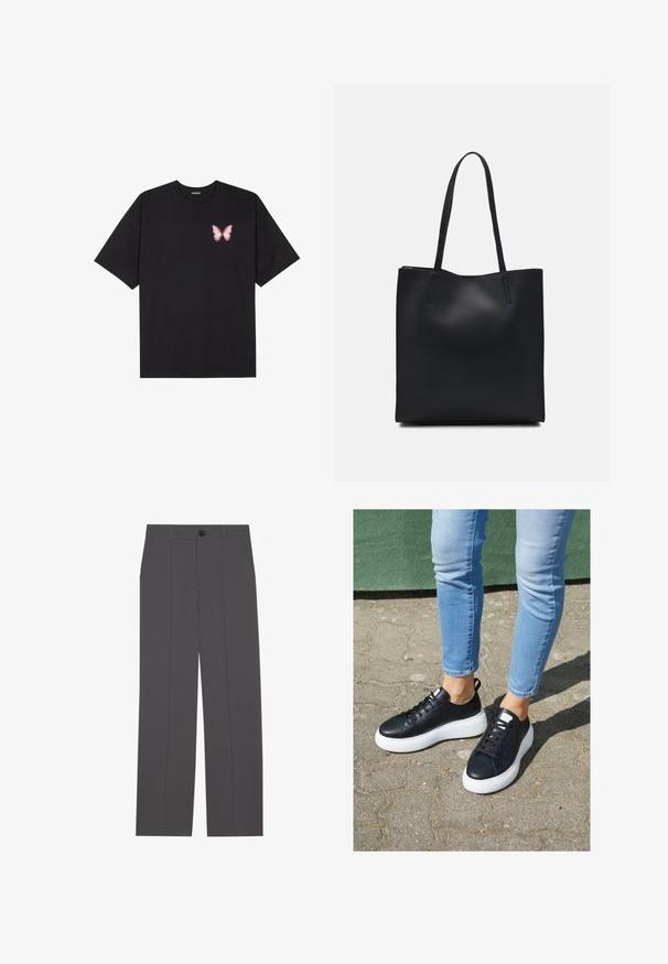 Svart bomulls T-skjorte med korte ermer, med en liten rosa sommerfugl grafikk på venstre bryst. Crew-neck design med en avslappet passform.; Grå bukser med rette ben, med to sidelommer og knappestenging. Glatt stoff uten synlige mønstre eller detaljer.; Sorte lærersneakers med hvite gummisåler, med en glatt finish, rund tå og flate lisser. Brukt med lyseblå jeans.; Svart lær tote bag med glatt tekstur, rektangulær form og to lange håndtak. Ingen synlige deler eller dekorasjoner.
