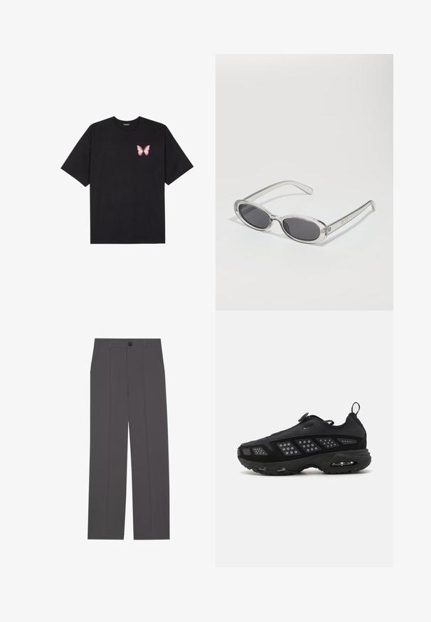 Fekete pamut póló rövid ujjakkal, bal mellkason egy kis rózsaszín pillangó grafikával. Kerek nyakú kialakítás, laza fazonnal.; Szürke nadrág egyenes lábformával, két oldalsó zsebbe és gombos záródással. Simább anyag, látható minták vagy díszítés nélkül.; Fekete sportcipő párnázott talppal, hálós felsőrésszel és texturált részletekkel. Húzófüllel és kör alakú záróelemmel rendelkezik a tetején.; Ovális formájú napszemüveg, átlátszó műanyag keret, sötétszürke lencsék és vékony, átlátszó szárak, logóakkcentussal és minimális díszítéssel.; Fekete bőrtáska sima felszínnel, téglalap alakú, két hosszú füllel. Nincs látható fémkiegészítő vagy díszítés.