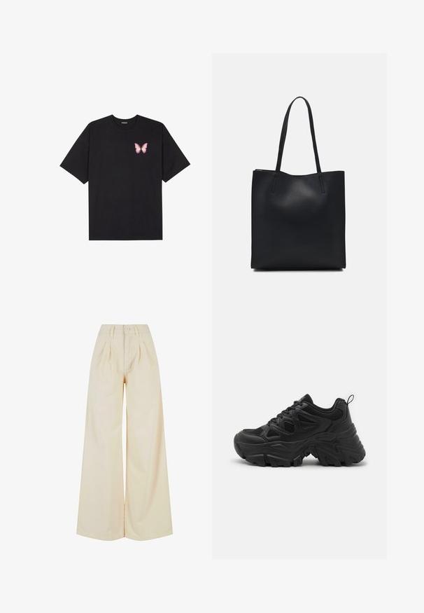 Fekete pamut póló rövid ujjakkal, bal mellkason egy kis rózsaszín pillangó grafikával. Kerek nyakú kialakítás, laza fazonnal.; Beige széles szárú nadrág magas derékkal, gombos záródással és plisszé részletekkel. Simaszerű anyag, puha tapintású.; Fekete sportcipők struktúrált hálós felsőrésszel, ívelt gumitalppal és markáns mintázattal. Beépített fűzővel és húzópánttal rendelkezik.; Fekete bőrtáska sima felszínnel, téglalap alakú, két hosszú füllel. Nincs látható fémkiegészítő vagy díszítés.