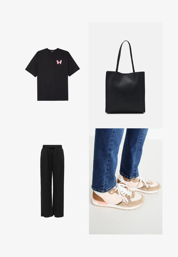 Černé bavlněné tričko s krátkým rukávem, na levém prsou s malou grafikou růžové motýlky. Design s kruhovým výstřihem a volným střihem.; Černé široké kalhoty vyrobené z měkké tkaniny, s elastickým pasem a stahovací šňůrkou pro nastavitelné nošení. Bez vzorů nebo akcentů.; Tenisky s kombinací růžové kůže a béžového semiše, s bílými tkaničkami, bílou mezipodešví a texturovanou gumovou podrážkou. Džínové kalhoty jsou mírně zkrácené nad botou.; Černá kožená taška přes rameno s hladkým povrchem, obdélníkovým tvarem a dvěma dlouhými uchy. Žádné viditelné kování ani ozdoby.