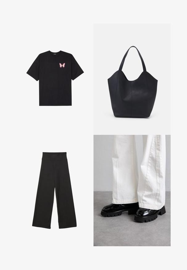 T-shirt en coton noir à manches courtes, avec un petit graphique de papillon rose sur la poitrine gauche. Modèle à col rond avec une coupe décontractée.; Pantalons larges noirs avec une taille élastique haute, en tissu doux et avec un ajustement loose, adaptés pour une tenue décontractée ou des environnements relaxants.; Chaussures noires à semelles épaisses avec une finition brillante, associées à un pantalon large blanc. Tread épais et texture lisse remarquables sur les chaussures.; Sac fourre-tout noir en cuir lisse, doté d'un haut ouvert et courbé avec deux brides d'épaule et un design minimaliste.