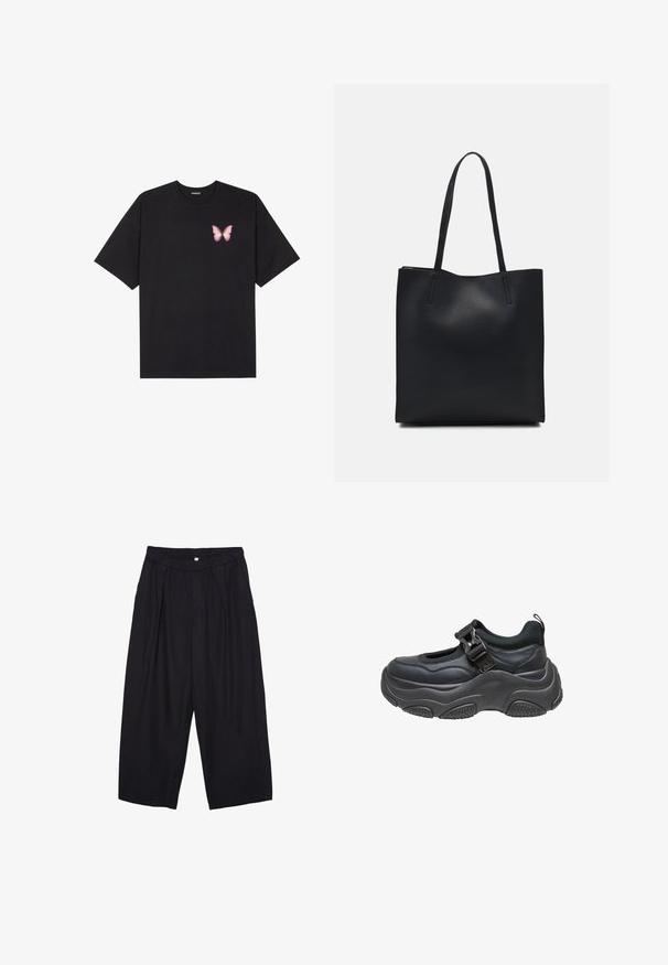 Crna pamučna majica s kratkim rukavima, s malim grafičkim prikazom ružičaste vjetricaste s desne strane na prsima. Dizajn s okruglim izrezom i opuštenim krojem.; Crne poliester hlače culotte s elastičnim pojasom, dva prednja nabora i širokim krojem. Nema vidljivih uzoraka ili metalnih detalja.; Crne atletske tenisice s teksturiranim gumenim potplatom, remenom za zatvaranje, podstavljenim ovratnikom i glatkim sintetičkim gornjištem s izrezbarenim dizajnom.; Crna kožna torba za nošenje s glatkom teksturom, pravokutnim oblikom i dvije duge ručke. Nema vidljivih metalnih dijelova ili ukrasa.