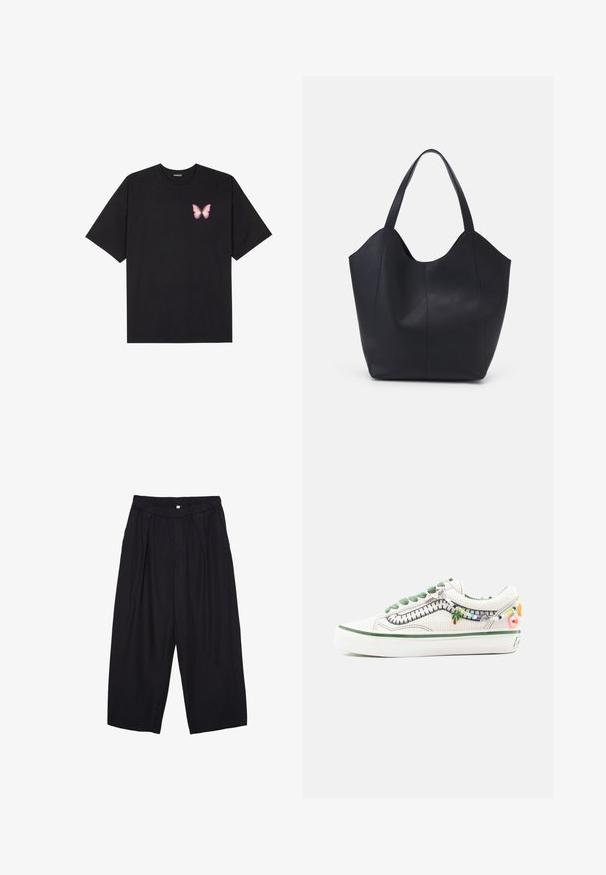 T-shirt nera in cotone con maniche corte, caratterizzata da una piccola grafica di una farfalla rosa sul lato sinistro del petto. Design a girocollo con una vestibilità rilassata.; Pantaloni culotte neri in poliestere con una cintura elastica, due pieghe frontali e una silhouette ampia. Nessun motivo visibile o dettagli in metallo.; Sneakers in tela bianca con dettagli verdi e charm decorativi, caratterizzate da una superficie testurizzata, punta arrotondata e suola bianca spessa.; Borsa tote nera realizzata in pelle liscia, con una parte superiore curva e aperta, dotata di due manici per spalla e un design minimalista.
