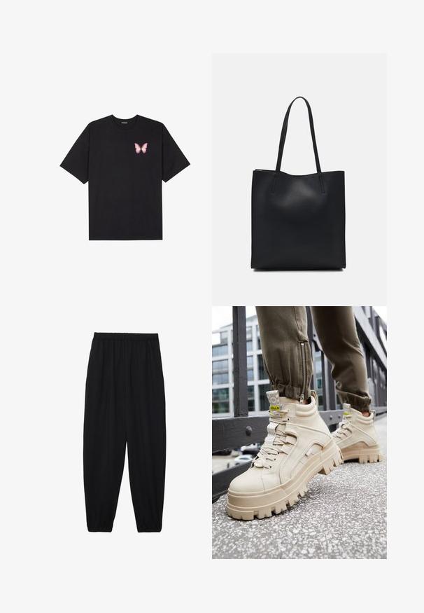 Svart bomulls T-skjorte med korte ermer, med en liten rosa sommerfugl grafikk på venstre bryst. Crew-neck design med en avslappet passform.; Svarte, lette bukser med elastisk liv og rynkede ankler. Stoffet er glatt og har en avslappet, innsvingt design.; Beige høyde sneakers med en chunky, teksturert såle, snøring design og gule aksentetiketter. Teksturert lær overdel med kontraststing.; Svart lær tote bag med glatt tekstur, rektangulær form og to lange håndtak. Ingen synlige deler eller dekorasjoner.