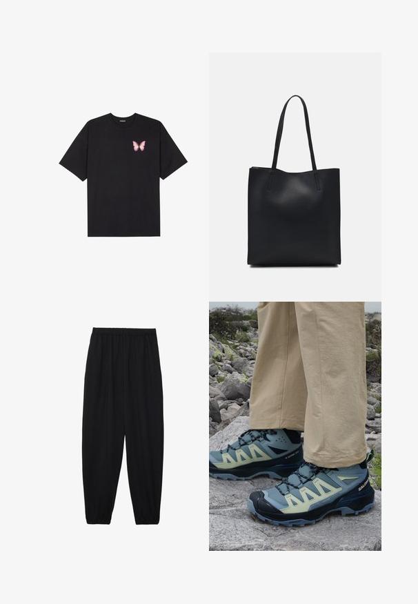 Juodas medvilnės marškinėliai trumpomis rankovėmis, su maža rožine drugelio grafika kairėje krūtinės pusėje. Apvalus kaklo iškirpimas, laisvas kirpimas.; Juodi, lengvi kelnių su elastinga juosmens juosta ir surinktais kulkšniais. Audinys yra lygus ir turi atsipalaidavusį, siaurėjantį dizainą.; Salomon X ULTRA 360 MID GTX - Turistiniai batai - trooper/carbon/arona; Juodas odinis tote krepšys su lygia tekstūra, stačiakampio formos ir dviem ilgais rankenomis. Matomų metalinių detalių ar puošybos nėra.