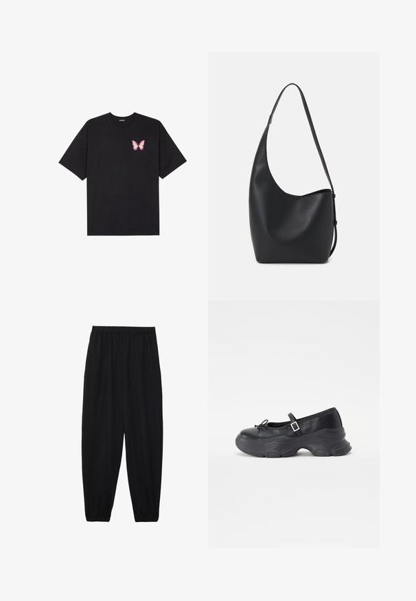 Zwarte katoenen t-shirt met korte mouwen, voorzien van een kleine roze vlinder graphic op de linkerkant van de borst. Crew neck ontwerp met een relaxte fit.; Zwarte, lichte broek met een elastische tailleband en gathered enkels. De stof is glad en heeft een ontspannen, taps toelopend ontwerp.; Zwarte leren Mary Jane-schoen met een ronde neus, strikdetails en een verstelbare enkelband. Beschikt over een chunky rubberen zool met gebogen accenten.; Zwarte leren hobo tas met een gladde textuur, kromme vorm en een enkele verstelbare schouderband; heeft een brede opening aan de bovenkant.