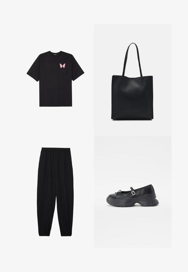Čierne bavlnené tričko s krátkymi rukávmi, s malým ružovým motýlikom na ľavej hrudi. Design s okrúhlym výstrihom a uvoľneným strihom.; Čierne, ľahké nohavice s elastickým pásom a zúženými nohavicami. Tkanina je hladká a má voľný, zúžený strih.; Čierne kožené topánky Mary Jane s okrúhlou špičkou, detailom mašličky a nastaviteľným remienkom okolo členka. Obsahujú robustnú gumovú podrážku s zakrivenými akcentmi.; Čierna kožená taška na rameno s hladkým povrchom, obdĺžnikovým tvarom a dvoma dlhými uchami. Bez viditeľného kovania alebo ozdôb.