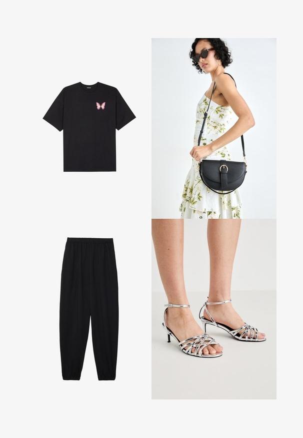 T-shirt de algodão preto com mangas curtas, apresentando um pequeno gráfico de borboleta rosa no lado esquerdo do peito. Design de gola redonda com um corte solto.; Calças pretas, leves, com um cinto elástico e punhos franzidos. O tecido é suave e apresenta um design relaxado e afunilado.; Sandálias prateadas com tiras cruzadas, ponta aberta e tacão fino em estilo stiletto. Apresentam uma delicada tira no tornozelo para suporte.; Bolsa de couro preta com forma curva, alça destacável e detalhes em dourado. A bolsa possui uma aba com detalhe de fivela.