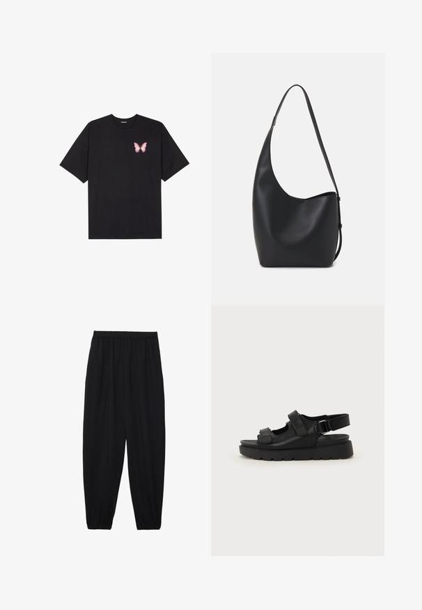 Black cotton t-shirt with short sleeves, featuring a small pink butterfly graphic on the left chest. Crew neck design with a relaxed fit.; Black, lightweight pants with an elastic waistband and gathered ankles. The fabric is smooth and features a relaxed, tapered design.; Black leather sandals with a chunky sole, adjustable straps, and cut-out details for breathability. Smooth texture with a matte finish.; Black leather hobo bag with a smooth texture, curved shape, and single adjustable strap; features a wide opening at the top.