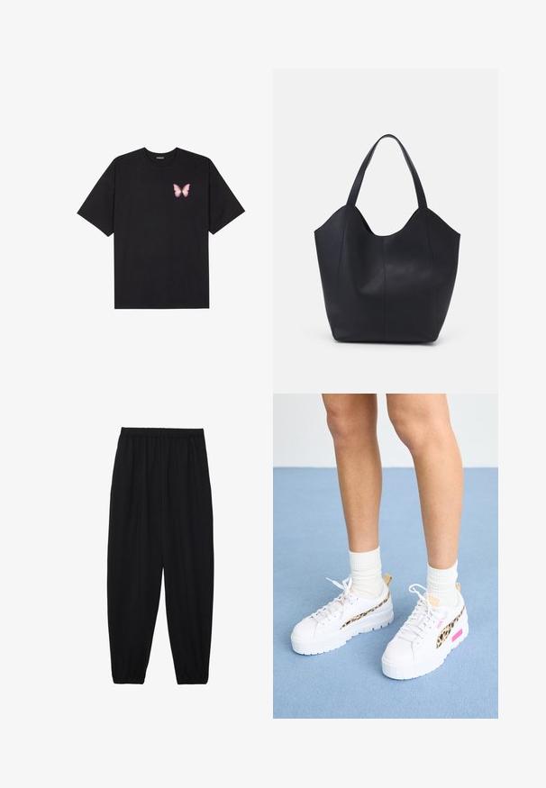 Tricou negru din bumbac cu mâneci scurte, având pe partea stângă a pieptului un mic grafic cu un fluture roz. Design cu guler rotund și croială lejeră.; Pantaloni negri, ușori, cu un brâu elastic și tivuri strânse. Materialul este neted și are un design relaxat, conic.; Puma MAYZE - Sneakers low - white/granola; Geantă de umăr neagră, realizată din piele netedă, cu un design minimalist, având un vârf deschis curbat și două mânere pentru umăr.