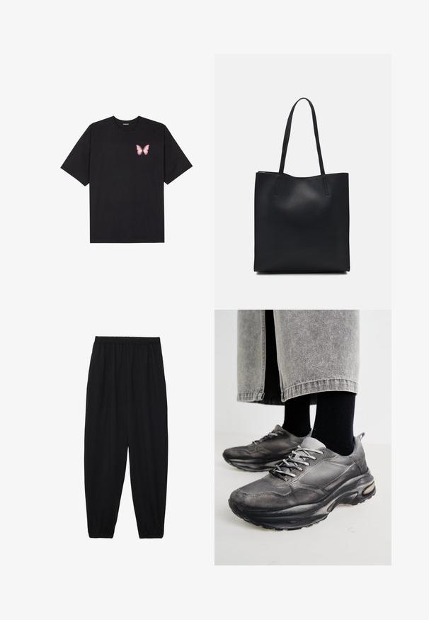 Schwarzes Baumwoll-T-Shirt mit kurzen Ärmeln, das ein kleines pinkes Schmetterlingsmotiv auf der linken Brust zeigt. Crewneck-Design mit einem entspannten Schnitt.; Schwarze, leichte Hosen mit einem elastischen Bund und gerafften Knöcheln. Der Stoff ist glatt und hat ein entspanntes, schmal zulaufendes Design.; Schwarze und graue Sportschuhe verfügen über ein Obermaterial aus Mesh, dicke Sohlen und Schnürsenkel. Sie haben eine abgerundete Zehenpartie und sichtbare Dämpfungsdetails.; Schwarze Laptoptasche aus Leder mit glatter Textur, rechteckiger Form und zwei langen Griffen. Keine sichtbaren Beschläge oder Verzierungen.