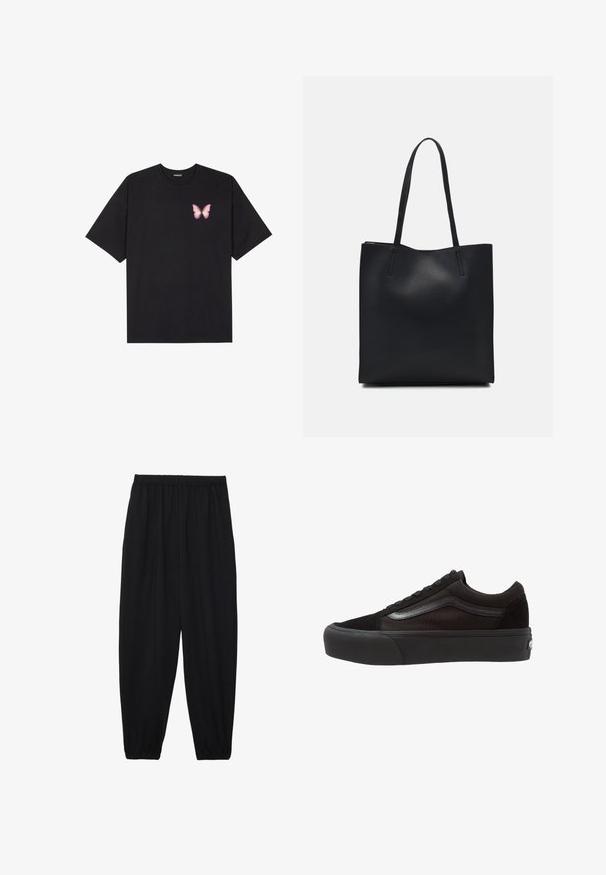 Czarny bawełniany t-shirt z krótkim rękawem, z małym różowym motylkiem na lewej piersi. Klasyczny dekolt z luźnym fasonem.; Czarne, lekkie spodnie z elastycznym pasem i ściągaczami na kostkach. Materiał jest gładki i ma luźny, zwężany krój.; Czarne sneakersy z cholewką wykonaną ze skóry zamszowej i płótna, w niskim wzornictwie, okrągłym nosku, sznurowane, z teksturowaną gumową podeszwą. Zawierają boczny pasek z logo.; Czarna skórzana torba tote o gładkiej fakturze, prostokątnym kształcie i dwóch długich uchwytach. Brak widocznych elementów metalowych i ozdób.