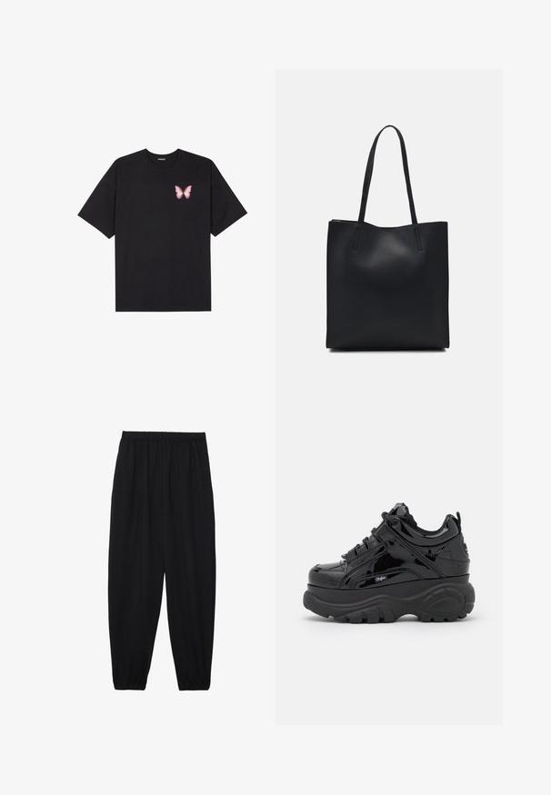 Crna pamučna majica s kratkim rukavima, s malim grafičkim prikazom ružičaste vjetricaste s desne strane na prsima. Dizajn s okruglim izrezom i opuštenim krojem.; Crne, lagane hlače s elastičnom stražnjom pasicom i naboranim gležnjevima. Tkanina je glatka i ima opušteni, suženi dizajn.; Crne platforme tenisice s sjajnom lakiranom završnom obradom, s debelim gumeni potplatima, veznim dizajnom i logotipom na strani.; Crna kožna torba za nošenje s glatkom teksturom, pravokutnim oblikom i dvije duge ručke. Nema vidljivih metalnih dijelova ili ukrasa.