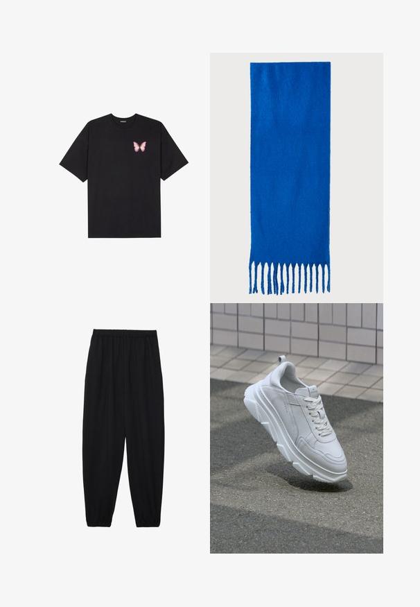 Juodas medvilnės marškinėliai trumpomis rankovėmis, su maža rožine drugelio grafika kairėje krūtinės pusėje. Apvalus kaklo iškirpimas, laisvas kirpimas.; Juodi, lengvi kelnių su elastinga juosmens juosta ir surinktais kulkšniais. Audinys yra lygus ir turi atsipalaidavusį, siaurėjantį dizainą.; Balti odiniai sportbačiai su storu, tekstūruotu guminio pado, su šnerymų uždarymu ir siuvinėjimo detalėmis. Apvalus pirštas ir kulkšnių palaikymo dizainas.; Mėlyna frakuota šalikas, pagamintas iš minkštos medžiagos; turi vientisą spalvą su tekstūruotu paviršiumi ir vienodai nukirptais frakais apačioje.