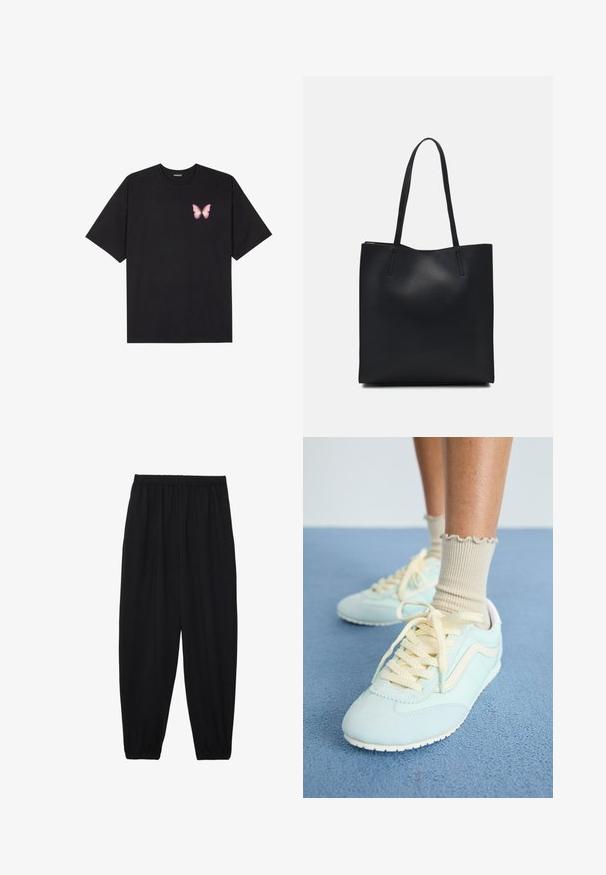 Čierne bavlnené tričko s krátkymi rukávmi, s malým ružovým motýlikom na ľavej hrudi. Design s okrúhlym výstrihom a uvoľneným strihom.; Čierne, ľahké nohavice s elastickým pásom a zúženými nohavicami. Tkanina je hladká a má voľný, zúžený strih.; Svetlomodré semišové tenisky s krémovými šnúrkami a akcentmi, s textúrovaným povrchom a bielou gumovou podrážkou. Viditeľné volánkové béžové ponožky.; Čierna kožená taška na rameno s hladkým povrchom, obdĺžnikovým tvarom a dvoma dlhými uchami. Bez viditeľného kovania alebo ozdôb.