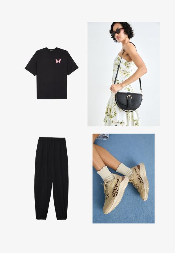 Must muströöpidega must puuvillane T-särk, vasakul rinnal on väike roosa liblikas. Ümar kaelus ja vabalt istuv lõige.; Mustad, kerge kangas püksid elastse vöökoha ja kokku volditud pahkluudega. Kanga pind on sile ja disain on lõdvestunud, kitsenev.; Jalad ristatud, kandes beeže Puma tossusid, millel on leopardimustrilised triibud, ja volangidega kreemjad sokid sinisel vaibaga põrandal.; Mustmust mustraha kõverate joontega, eemaldatava rihmaga ja kuldsete detailidega. Kotil on klapp, millel on pandladetail.