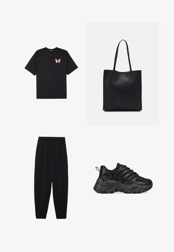 T-shirt en coton noir à manches courtes, avec un petit graphique de papillon rose sur la poitrine gauche. Modèle à col rond avec une coupe décontractée.; Pantalons noirs légers avec une taille élastique et des chevilles froncées. Le tissu est lisse et présente un design décontracté et fuselé.; Bosanova CON CORDONES - Baskets basses - black; Sac fourre-tout en cuir noir avec une texture lisse, de forme rectangulaire et deux longues poignées. Pas de matériel ou d'ornementations visibles.