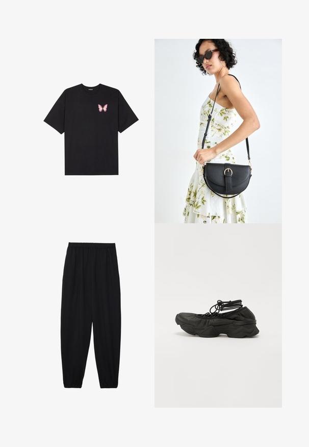 Svart bomulls T-skjorte med korte ermer, med en liten rosa sommerfugl grafikk på venstre bryst. Crew-neck design med en avslappet passform.; Svarte, lette bukser med elastisk liv og rynkede ankler. Stoffet er glatt og har en avslappet, innsvingt design.; Svart idrettssko med en teksturert lærøvre, rund tå og tung såle. Snøring sikret med løkker ved ankelen for en tettsittende passform.; Svart lærveske med en buet form, avtagbar stropp og gullbeslag. Vesken har et klaff med spenne-detall.