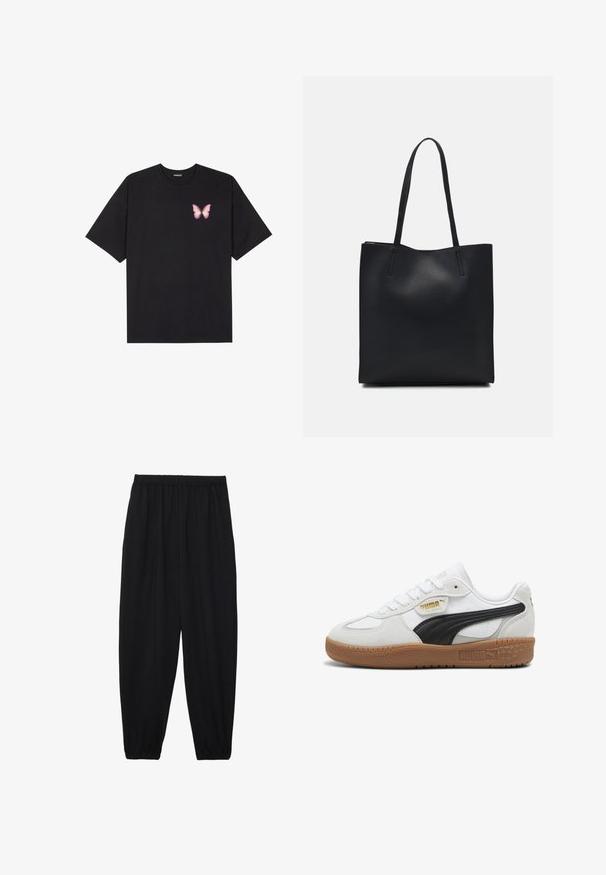 Black cotton t-shirt with short sleeves, featuring a small pink butterfly graphic on the left chest. Crew neck design with a relaxed fit.; Black, lightweight pants with an elastic waistband and gathered ankles. The fabric is smooth and features a relaxed, tapered design.; White leather sneakers with a black suede stripe, gum rubber sole, and gold branding on the side. Lace-up design with a rounded toe.; Black leather tote bag with smooth texture, rectangular shape, and two long handles. No visible hardware or embellishments.