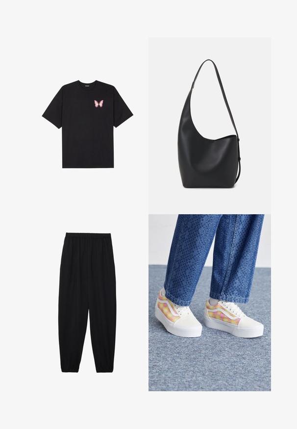 Schwarzes Baumwoll-T-Shirt mit kurzen Ärmeln, das ein kleines pinkes Schmetterlingsmotiv auf der linken Brust zeigt. Crewneck-Design mit einem entspannten Schnitt.; Schwarze, leichte Hosen mit einem elastischen Bund und gerafften Knöcheln. Der Stoff ist glatt und hat ein entspanntes, schmal zulaufendes Design.; Plattform-Sneaker mit einer weißen Canvas-Zehe, mehrfarbigem karriertem Muster in Pink und Gelb sowie weißen Gummisohlen. Strukturierte Denim-Hosen.; Schwarze Leder-Hobo-Tasche mit einer glatten Textur, geschwungener Form und einem einzelnen verstellbaren Tragegurt; verfügt über eine weite Öffnung am oberen Ende.