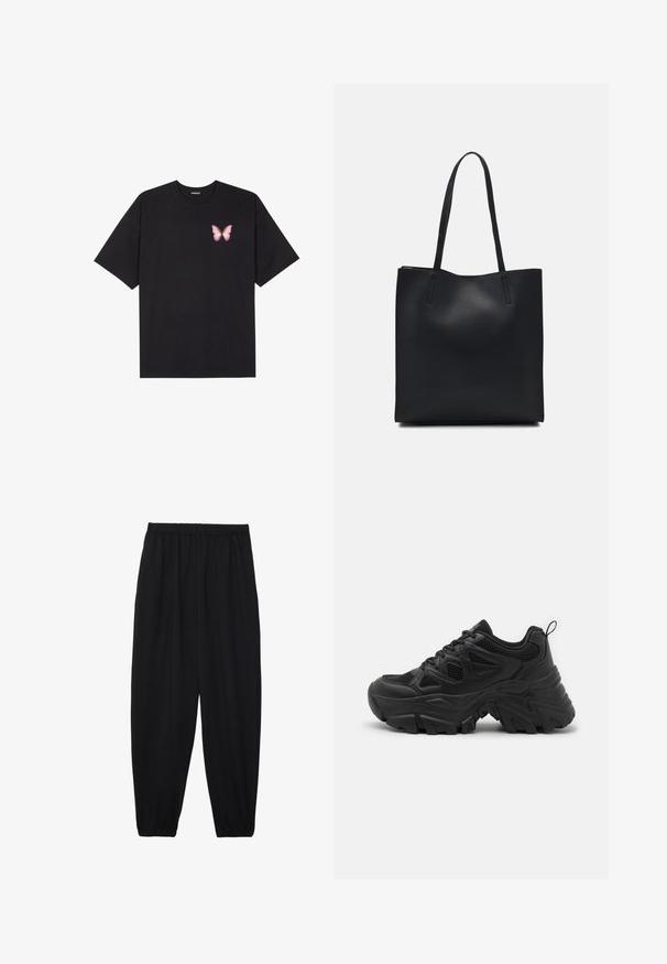 Black cotton t-shirt with short sleeves, featuring a small pink butterfly graphic on the left chest. Crew neck design with a relaxed fit.; Black, lightweight pants with an elastic waistband and gathered ankles. The fabric is smooth and features a relaxed, tapered design.; Black athletic shoes with a textured mesh upper, curved rubber sole, and prominent tread pattern. Features integrated lacing and pull tab.; Black leather tote bag with smooth texture, rectangular shape, and two long handles. No visible hardware or embellishments.