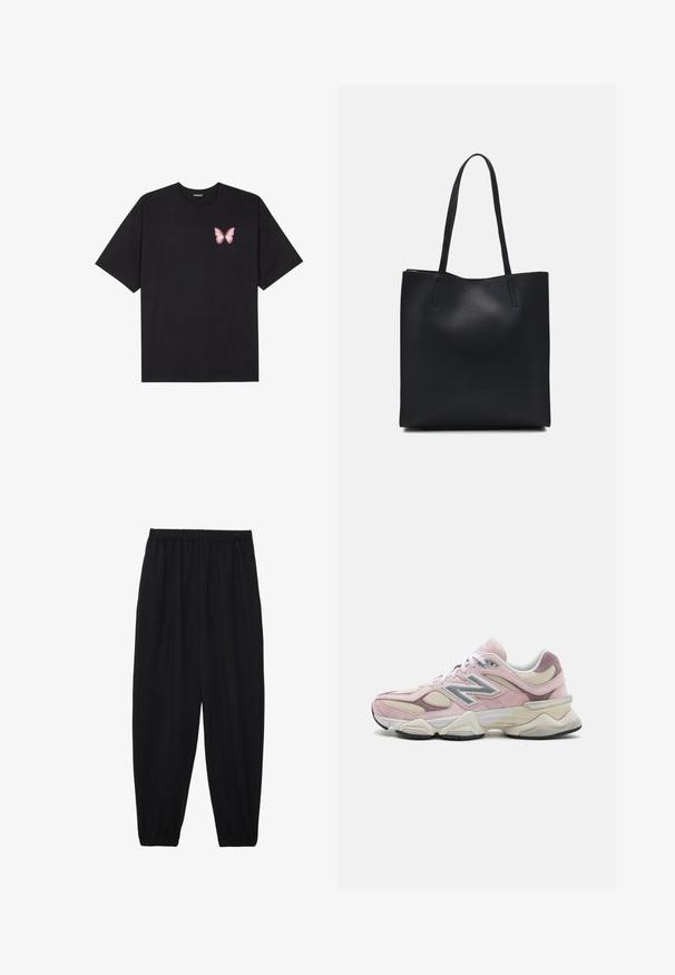 Black cotton t-shirt with short sleeves, featuring a small pink butterfly graphic on the left chest. Crew neck design with a relaxed fit.; Black, lightweight pants with an elastic waistband and gathered ankles. The fabric is smooth and features a relaxed, tapered design.; Pink and cream athletic shoe with suede and mesh materials, featuring a silver logo and textured accents, contoured sole, and laces.; Black leather tote bag with smooth texture, rectangular shape, and two long handles. No visible hardware or embellishments.
