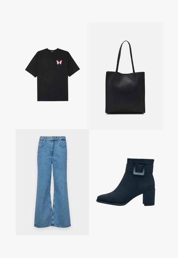Čierne bavlnené tričko s krátkymi rukávmi, s malým ružovým motýlikom na ľavej hrudi. Design s okrúhlym výstrihom a uvoľneným strihom.; Svetlomodré rozšírené džínsy vyrobené z denimu, s vysokým pásom, piatimi vreckami a jednopoložkovým zapínaním na gombík. Mäkká textúra s vyblednutým povrchom.; Čierne semišové členkové topánky so štvorcovou špičkou a širokým blokovým opätkom. Obsahujú široký popruh s detailom v podobe obdĺžnikovej spony.; Čierna kožená taška na rameno s hladkým povrchom, obdĺžnikovým tvarom a dvoma dlhými uchami. Bez viditeľného kovania alebo ozdôb.