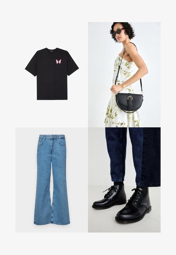 Crna pamučna majica s kratkim rukavima, s malim grafičkim prikazom ružičaste vjetricaste s desne strane na prsima. Dizajn s okruglim izrezom i opuštenim krojem.; Svijetloplave traperice s flared nogavicama, visokog struka, s pet džepova i jednim dugmetom za zatvaranje. Mekani materijal s izblijedjelim izgledom.; Crne kožne gležnjače s okruglim nožnim prstima, čipkastim dizajnom i metalnim rupicama. Nosi se s tamnoplavim trapericama ravnog kroja.; Crna kožna torba s lukovitim oblikom, odvojivim remenom i zlatnim detaljima. Torba ima preklop s kopčom.