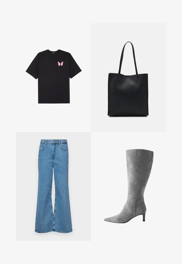 Čierne bavlnené tričko s krátkymi rukávmi, s malým ružovým motýlikom na ľavej hrudi. Design s okrúhlym výstrihom a uvoľneným strihom.; Svetlomodré rozšírené džínsy vyrobené z denimu, s vysokým pásom, piatimi vreckami a jednopoložkovým zapínaním na gombík. Mäkká textúra s vyblednutým povrchom.; Šedá nubuková čižma do kolien s špicatou špičkou, úzkym podpätkom a hladkou textúrou. Vyznačuje sa bezšvovým dizajnom a vertikálnym prešívaním.; Čierna kožená taška na rameno s hladkým povrchom, obdĺžnikovým tvarom a dvoma dlhými uchami. Bez viditeľného kovania alebo ozdôb.