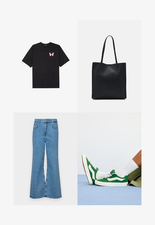 Must muströöpidega must puuvillane T-särk, vasakul rinnal on väike roosa liblikas. Ümar kaelus ja vabalt istuv lõige.; Heledad sinine flared teksade rõivad, millel on kõrge talje, viis taskut ja üks nupulukk. Pehme tekstuur ja pleekinud viimistlus.; Roheline sametist tennisetossud valgete aktsentidega, tekstureeritud paelad roosa detailiga ja pronksjas kummitald, kantud valgete sokkidega ja roheliste lühikeste pükstega.; Mustast nahast kott sujuva tekstuuriga, ristkülikukujuline ja kahe pika sangaga. Pole nähtavat riistvara ega kaunistusi.