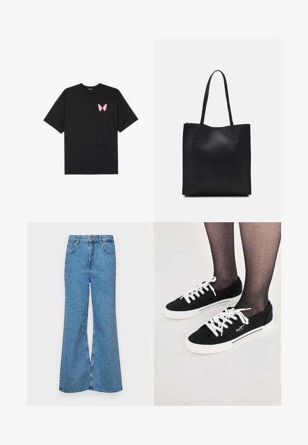 Must muströöpidega must puuvillane T-särk, vasakul rinnal on väike roosa liblikas. Ümar kaelus ja vabalt istuv lõige.; Heledad sinine flared teksade rõivad, millel on kõrge talje, viis taskut ja üks nupulukk. Pehme tekstuur ja pleekinud viimistlus.; Mustad musta lõuendist jalatsid valgete paeltega, valgete kummitaldade ja külgjoone aktsentidega. Omab logo välistel külgedel.; Mustast nahast kott sujuva tekstuuriga, ristkülikukujuline ja kahe pika sangaga. Pole nähtavat riistvara ega kaunistusi.