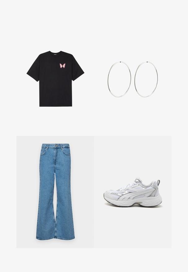 T-shirt nera in cotone con maniche corte, caratterizzata da una piccola grafica di una farfalla rosa sul lato sinistro del petto. Design a girocollo con una vestibilità rilassata.; Jeans svasati di un blu chiaro, realizzati in denim, con vita alta, cinque tasche e chiusura a un bottone. Morbido al tatto con una finitura scolorita.; Puma Sneakers basse - white/silver; Orecchini a cerchio in argento con un design rotondo e liscio e una finitura lucida. Sono sottili e leggeri, con una semplice chiusura a scatto.