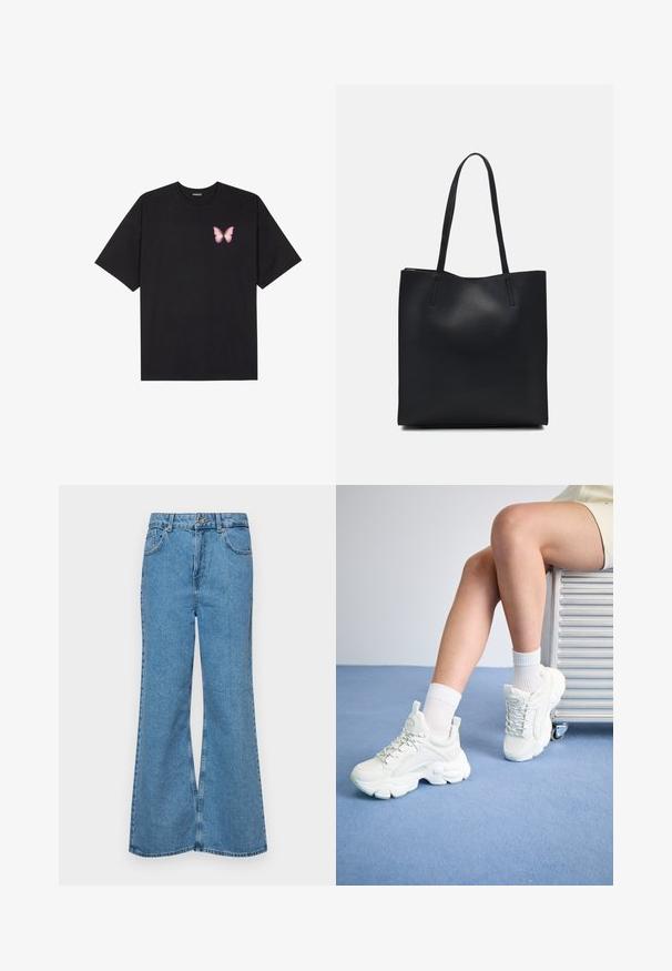 T-shirt en coton noir à manches courtes, avec un petit graphique de papillon rose sur la poitrine gauche. Modèle à col rond avec une coupe décontractée.; Jean flare bleu clair en denim, avec une taille haute, cinq poches et une fermeture à un bouton. Texture douce avec une finition décolorée.; Baskets blanches à lacets avec une semelle épaisse, en matériau synthétique lisse, accents texturés et une languette au niveau du talon.; Sac fourre-tout en cuir noir avec une texture lisse, de forme rectangulaire et deux longues poignées. Pas de matériel ou d'ornementations visibles.