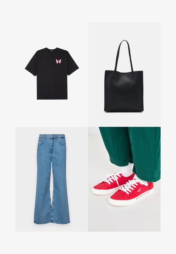 T-shirt en coton noir à manches courtes, avec un petit graphique de papillon rose sur la poitrine gauche. Modèle à col rond avec une coupe décontractée.; Jean flare bleu clair en denim, avec une taille haute, cinq poches et une fermeture à un bouton. Texture douce avec une finition décolorée.; Baskets en toile rouges avec des lacets blancs, dotées d'une semelle en caoutchouc blanche et d'accents rayés sur le côté. Portées avec un pantalon vert texturé et des chaussettes blanches.; Sac fourre-tout en cuir noir avec une texture lisse, de forme rectangulaire et deux longues poignées. Pas de matériel ou d'ornementations visibles.