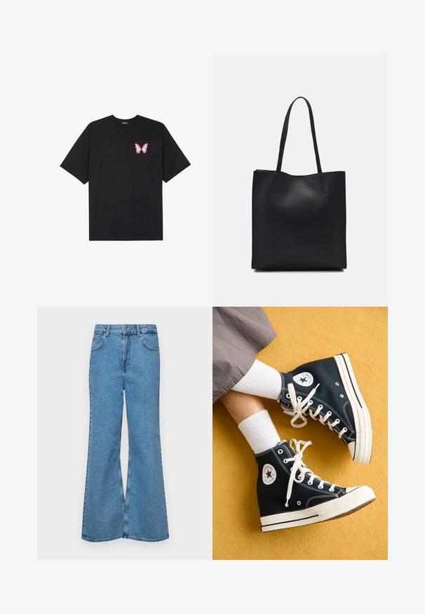 Must muströöpidega must puuvillane T-särk, vasakul rinnal on väike roosa liblikas. Ümar kaelus ja vabalt istuv lõige.; Heledad sinine flared teksade rõivad, millel on kõrge talje, viis taskut ja üks nupulukk. Pehme tekstuur ja pleekinud viimistlus.; Mustad mustad kanvas sneakerid valgete paelte ja kummitaldadega, millel on ümmargune Converse All Star logo välisküljel.; Mustast nahast kott sujuva tekstuuriga, ristkülikukujuline ja kahe pika sangaga. Pole nähtavat riistvara ega kaunistusi.