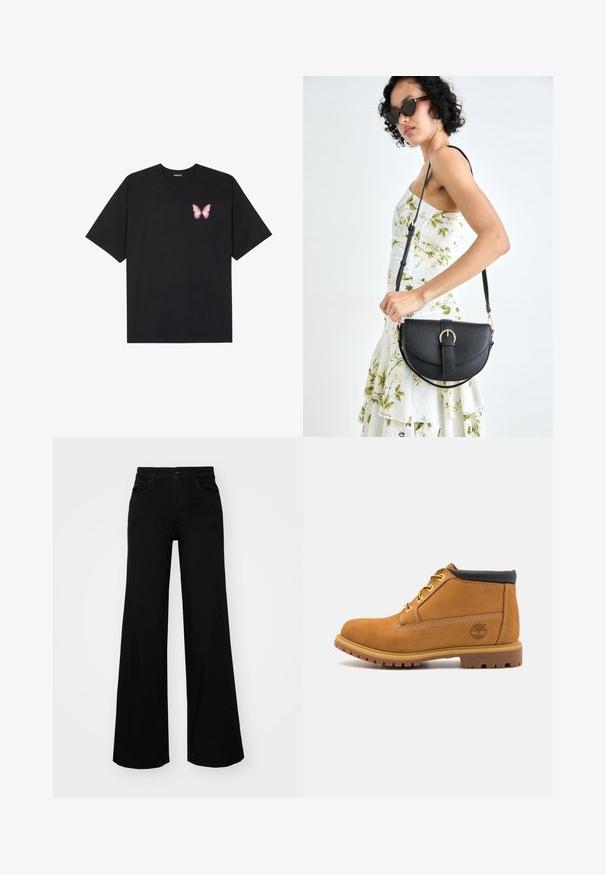 Black cotton t-shirt with short sleeves, featuring a small pink butterfly graphic on the left chest. Crew neck design with a relaxed fit.; Black wide-leg pants made of denim, featuring a structured waistband, belt loops, and front pockets. Smooth texture with a classic design.; Tan suede ankle boot with black padded collar, yellow eyelets, and textured rubber sole. Features a printed logo on the side.; Black leather handbag with a curved shape, detachable strap, and gold hardware. The bag features a flap with a buckle detail.