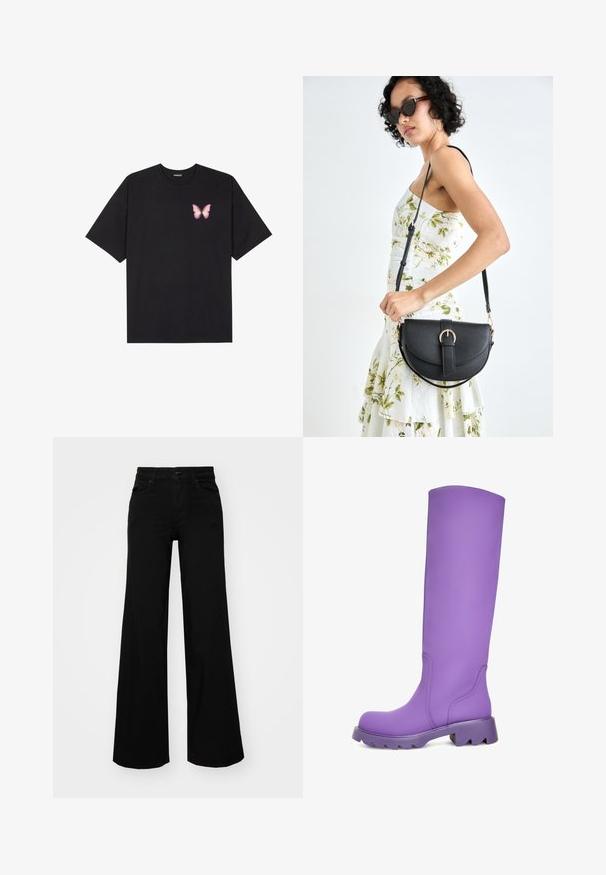Black cotton t-shirt with short sleeves, featuring a small pink butterfly graphic on the left chest. Crew neck design with a relaxed fit.; Black wide-leg pants made of denim, featuring a structured waistband, belt loops, and front pockets. Smooth texture with a classic design.; Vibrant purple knee-high boots with a smooth, matte finish. Chunky, textured sole with a wide heel. Features subtle stitching details.; Black leather handbag with a curved shape, detachable strap, and gold hardware. The bag features a flap with a buckle detail.