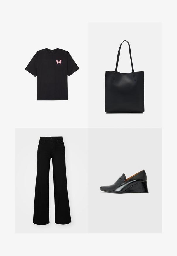 Black cotton t-shirt with short sleeves, featuring a small pink butterfly graphic on the left chest. Crew neck design with a relaxed fit.; Black wide-leg pants made of denim, featuring a structured waistband, belt loops, and front pockets. Smooth texture with a classic design.; Chie Mihara VECINO - Wedges - black; Black leather tote bag with smooth texture, rectangular shape, and two long handles. No visible hardware or embellishments.