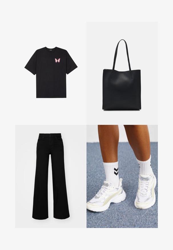 Sort bomulds T-shirt med korte ærmer, prydet med en lille pink sommerfugl grafik på venstre bryst. Rund hals design med en afslappet pasform.; Sorte bukser med bred benvidde lavet af denim, med en struktureret talje, bæltesløjfer og forlommer. Glat tekstur med et klassisk design.; Hvide sneakers med sølvdetaljer, mesh-materiale og chunky design. Parret med hvide sokker med sorte chevronmønstre.; Sort læder tote taske med glat tekstur, rektangulær form og to lange hanke. Ingen synlig hardware eller udsmykninger.