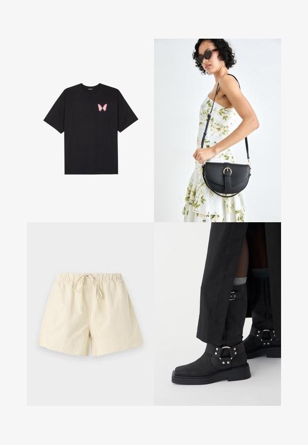 Black cotton t-shirt with short sleeves, featuring a small pink butterfly graphic on the left chest. Crew neck design with a relaxed fit.; Beige elastic waistband shorts with a drawstring tie, featuring a relaxed fit and smooth texture. No visible pockets or patterns.; Black ankle boots made of leather with a matte finish, a square toe, and decorative buckles. The sole is chunky and textured.; Black leather handbag with a curved shape, detachable strap, and gold hardware. The bag features a flap with a buckle detail.