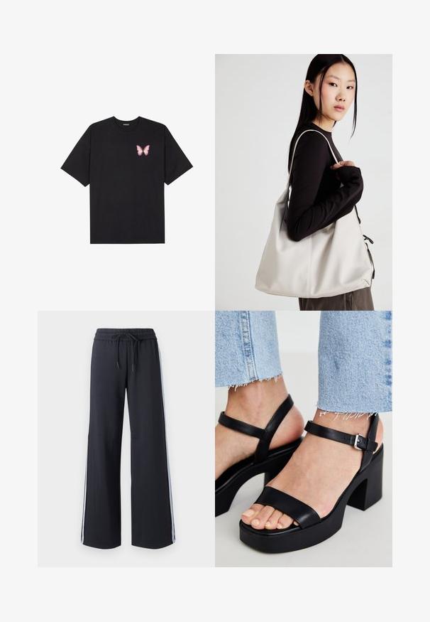 Fekete pamut póló rövid ujjakkal, bal mellkason egy kis rózsaszín pillangó grafikával. Kerek nyakú kialakítás, laza fazonnal.; Fekete, bő szárú nadrág elasztikus derekkal és zsinórral. Kék oldalsávokkal és sima, puha textúrával rendelkezik.; ALDO CELIE - Magas sarkú szandálok - black; Puha anyagból készült bézs kézitáska, laza dizájnnal, varrott részletekkel és két vállpánttal. Mindennapi használatra alkalmas.