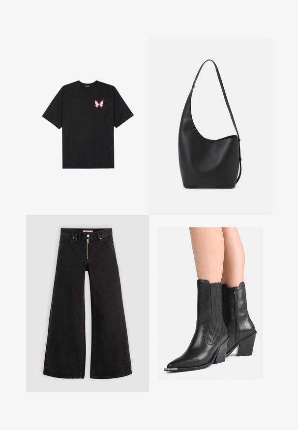 Camiseta de algodón negra de manga corta, con un pequeño gráfico de mariposa rosa en el lado izquierdo del pecho. Diseño de cuello redondo con un corte relajado.; Jeans de pierna ancha en denim negro con cierre frontal, diseño de cinco bolsillos y detalles de costura sutiles. Textura suave y estilo casual.; Botas de cowboy negras de cuero hasta la mitad de la pantorrilla, con puntas afiladas, tacones apilados, cremallera lateral y costuras decorativas, usadas sobre piernas desnudas.; Bolso tipo hobo de cuero negro con una textura suave, forma curvada y una sola correa ajustable; presenta una amplia apertura en la parte superior.