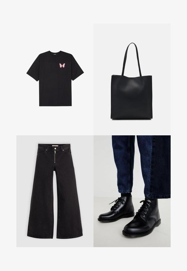T-shirt nera in cotone con maniche corte, caratterizzata da una piccola grafica di una farfalla rosa sul lato sinistro del petto. Design a girocollo con una vestibilità rilassata.; Jeans a gamba larga in denim nero con chiusura a zip, design a cinque tasche e dettagli di cucitura sottili. Texture morbida e stile casual.; Stivali alla caviglia in pelle nera con punte arrotondate, design con lacci e occhielli in metallo. Indossati con pantaloni in denim blu scuro, che presentano una forma a gamba dritta.; Borsa tote in pelle nera con texture liscia, forma rettangolare e due manici lunghi. Nessun hardware o decorazione visibile.