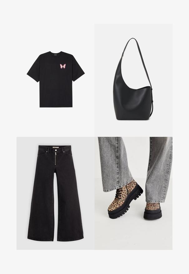 Černé bavlněné tričko s krátkým rukávem, na levém prsou s malou grafikou růžové motýlky. Design s kruhovým výstřihem a volným střihem.; Džíny s širokými nohavicemi v černém denimovém provedení se zipem vpředu, pěti kapsami a jemnými švy. Hladká textura a ležérní styl.; Steve Madden COAST - Šněrovací kotníkové boty - brown/multi-coloured; Černá kožená hobo taška s hladkým povrchem, zakřiveným tvarem a jedním nastavitelným popruhem; má široké otevírání nahoře.