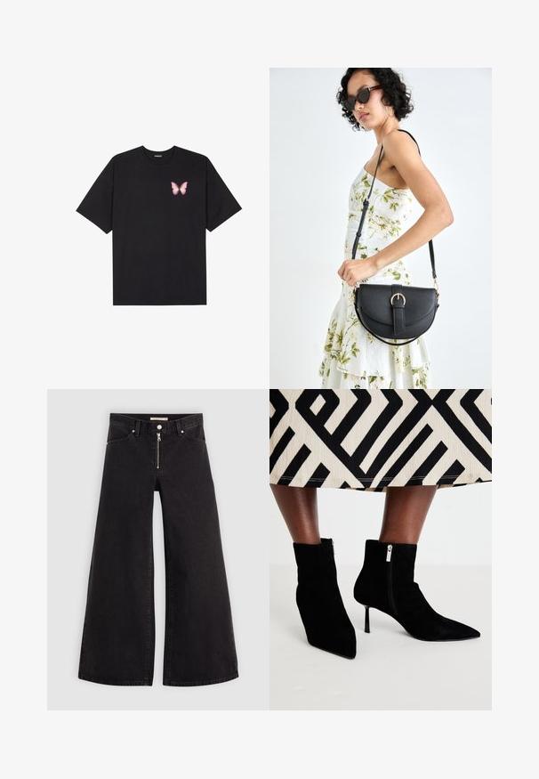 T-shirt nera in cotone con maniche corte, caratterizzata da una piccola grafica di una farfalla rosa sul lato sinistro del petto. Design a girocollo con una vestibilità rilassata.; Jeans a gamba larga in denim nero con chiusura a zip, design a cinque tasche e dettagli di cucitura sottili. Texture morbida e stile casual.; Stivaletti in suede neri con punta a punta, tacchi a stiletto e cerniere laterali. La texture visiva è morbida; il design è elegante e aderente.; Borsa a tracolla nera in pelle con una forma curva, manico rimovibile e accessori dorati. La borsa presenta una patta con un dettaglio a fibbia.